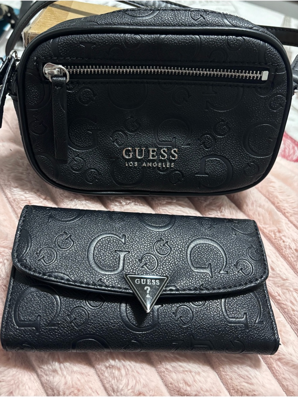 GUESS Black Embossed Crossbody Bag with Matching Wallet